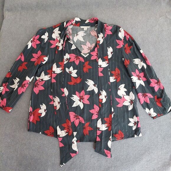 Como Blu Tops - Como Blu Floral Pinstripe Tie-Neck Blouse - Petite Small (PS)